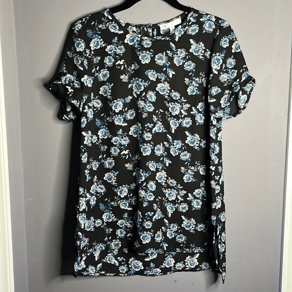 DR2 Black and Blue Floral Short Sleeve Blouse Size XS - Picture 2 of 9
